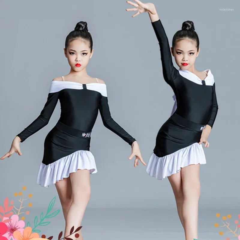 Scene Wear Fashion Latin Dance Competition Costume For Girls Black Long Sleeves Top Ruffled kjolar Samba Ballroom Dresses XS5941