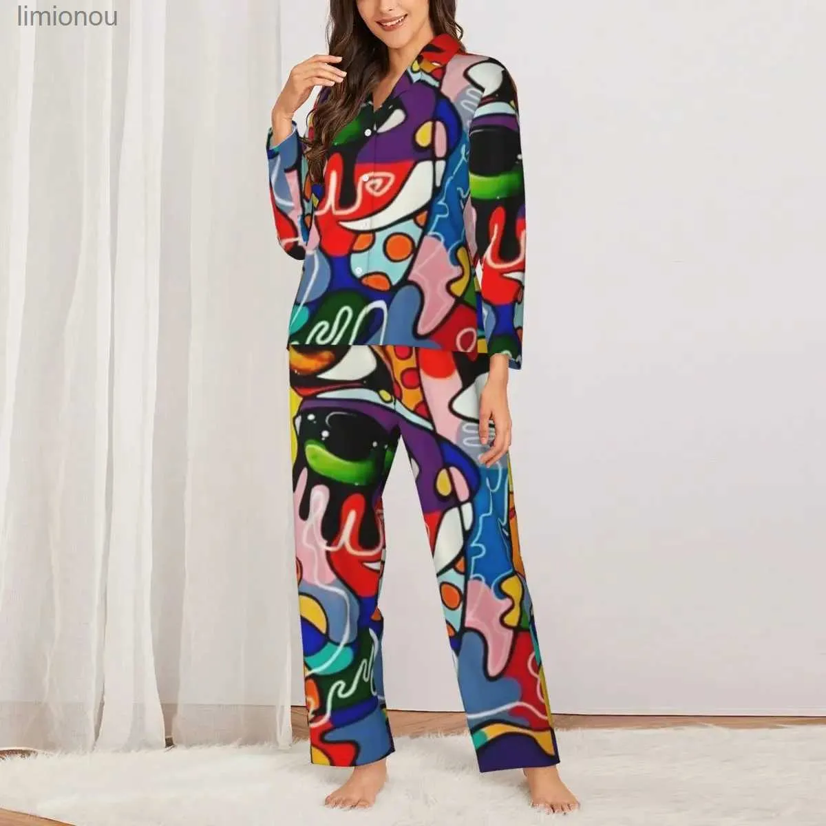 Dames Slaaploungepyjama Dame Grappige ogen Dagelijks nachtkleding Kleurrijk oogontwerp Graffiti 2-delig Informeel Ruimvallende pyjamaset Trendy Oversized thuispakL240122