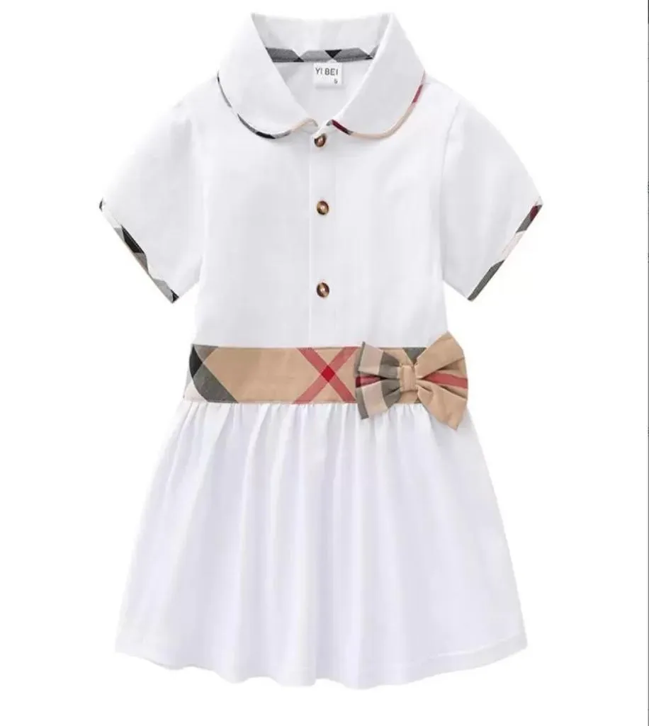 Bebê meninas vestidos de princesa com laço algodão crianças turndown colarinho vestido manga curta bonito menina xadrez saia crianças roupas ag1567502