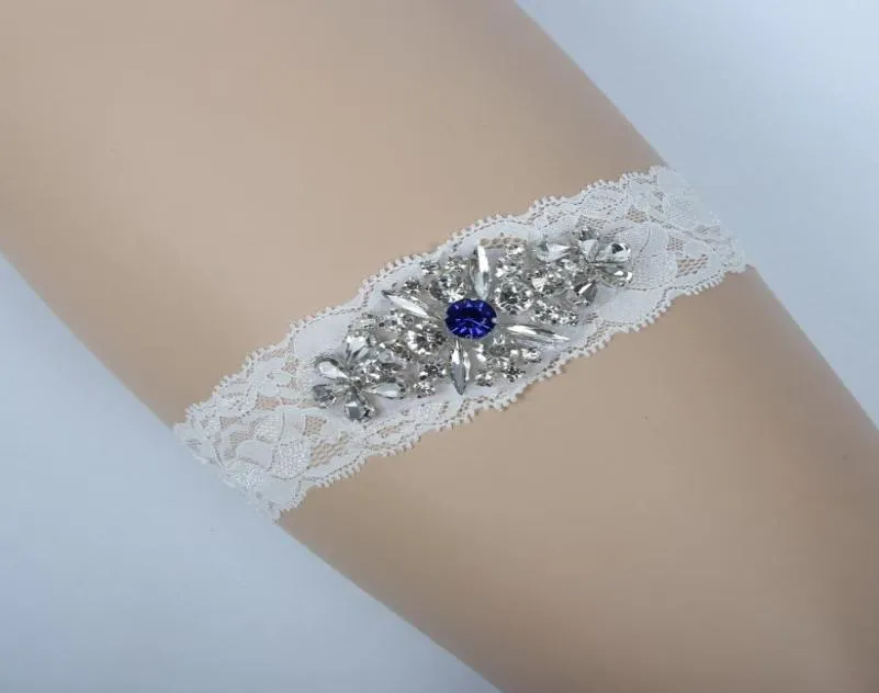 One Piece Lace Wedding Garters Set Bridal Garters Belt Blue Rhinestones Crystals Wedding Bridal Leg Garters 2019 i Stock Cheap2086714