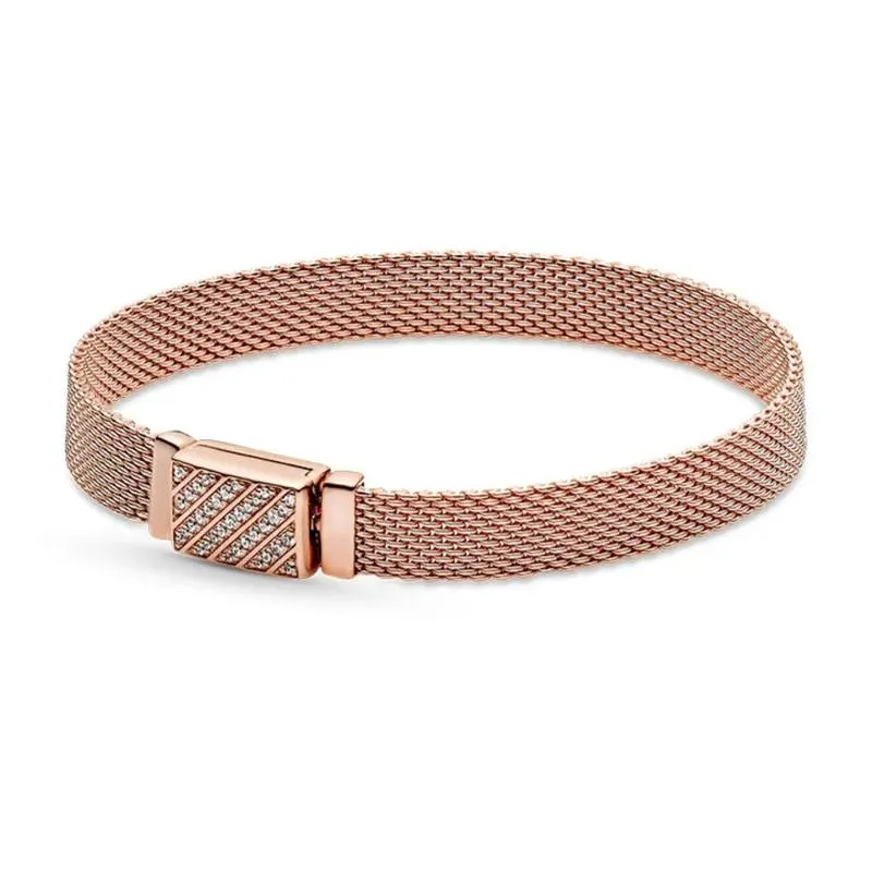 Braccialetti Bracciale da donna piatto in oro rosa pieno di diamanti con perline originali, ciondoli per gioielli in maglia di orologi, regalo di San Valentino