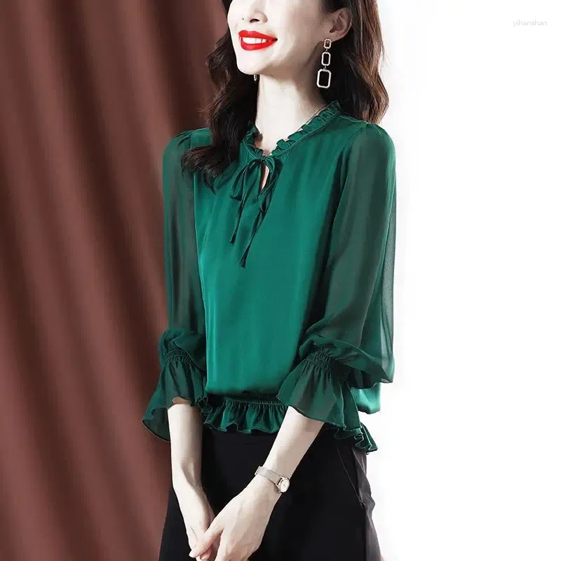 Women's Blouses Chiffon Shirt Women 2024 Spring And Autumn Long Sleeved Waist Slim Temperament Small Lace Up Bow Tie Western Blouse Top