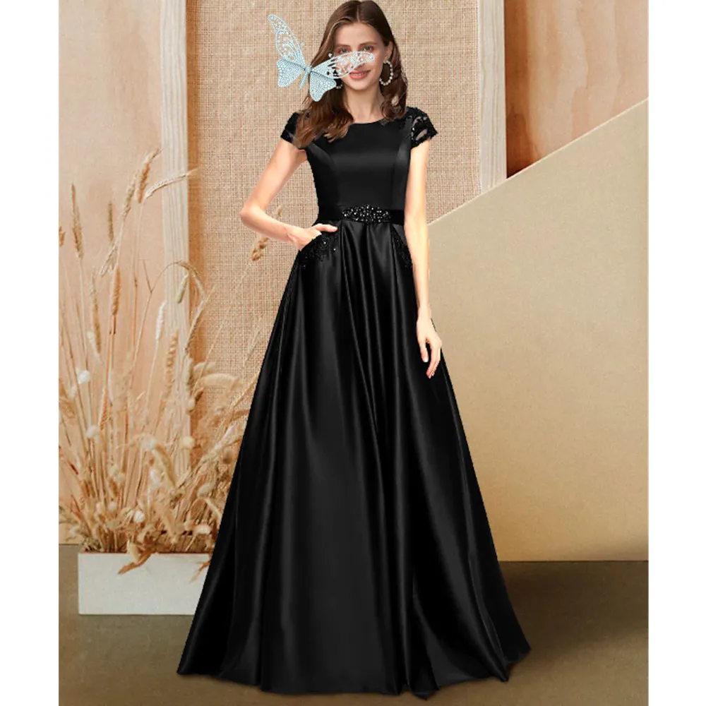 Black Prom Dress Scoop Sleeves Tulle Ruffle Evening Dress Length Saudi Arabia Gowns Plus Size YD