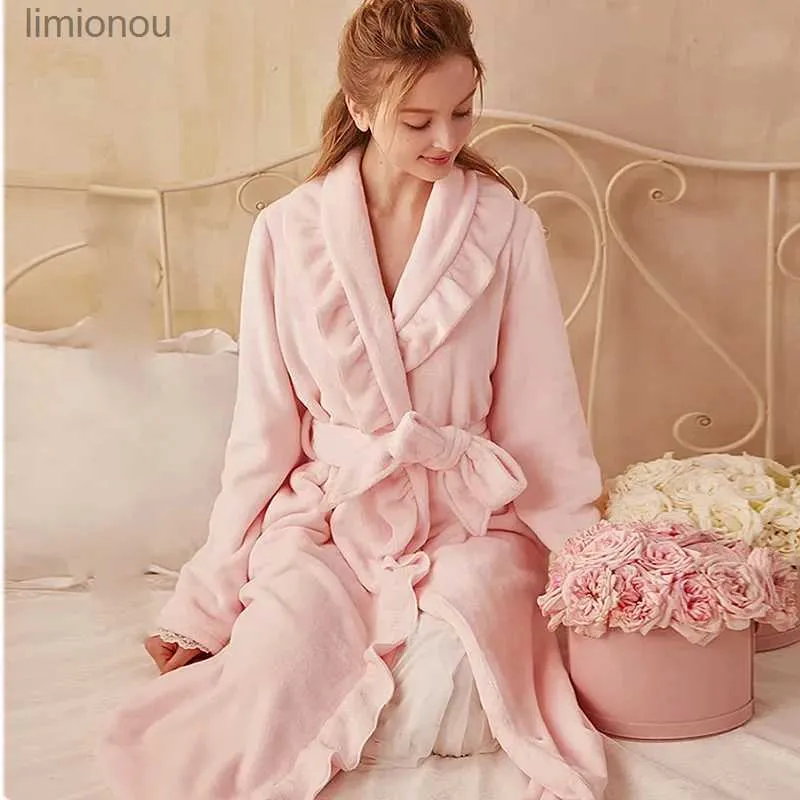 Robe de salon de sommeil pour femmes épaissir les vêtements de nuit à volants vêtements de nuit pour femmes chemise de nuit dame automne flanelle robes d'hiver Robe de chambre peignoirs pyjamas.LolitaL240122