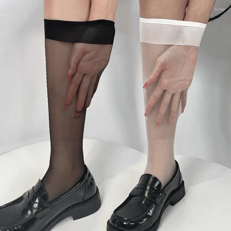 Женские носки в стиле Лолиты, летние шелковые гольфы Jk для девочек, длинные белые, черные полуноски, нейлоновые прозрачные чулки