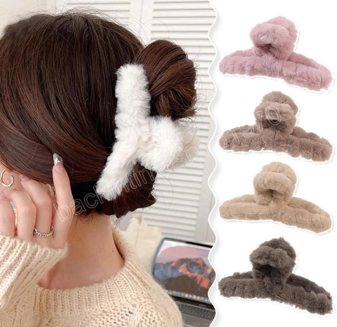 Pince à cheveux en peluche d'hiver, épingles à cheveux en acrylique élégantes, pince à cheveux en fausse fourrure, Barrette en forme de crabe pour femmes et filles, accessoires de cheveux 8067986