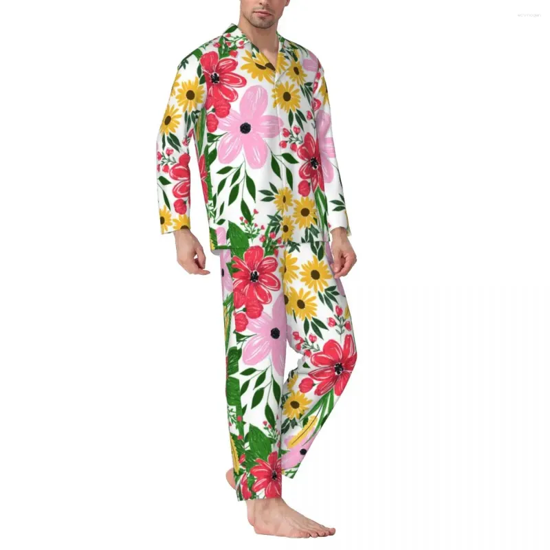 Pigiama da notte da uomo Pigiama da uomo Fiori luminosi Sonno Rosa Rosso Floreale 2 pezzi Set pigiama casual Maniche lunghe Abito da casa oversize romantico