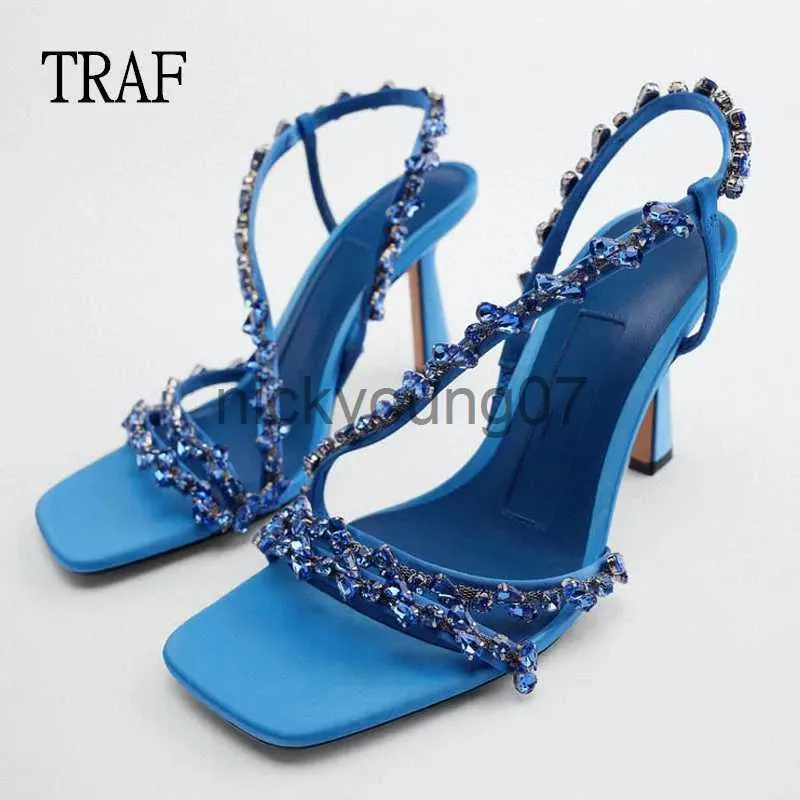 Sandaler Traf Summer 2023 Blue Rhinestone Roman High Heels Sandals Woman Party High-Heeled Sandals Elegant Women Heeled Shoes WeddingJ240122