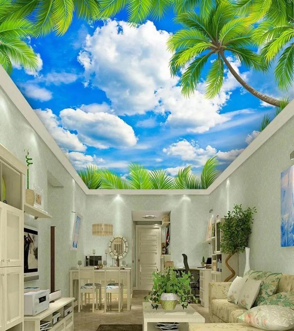 Personalizzato Foglie verdi Cielo blu Nuvole bianche Zenith Soffitto 3D Affresco Camera da letto moderna Soggiorno Decorazione del soffitto Murale Carta da parati1410263