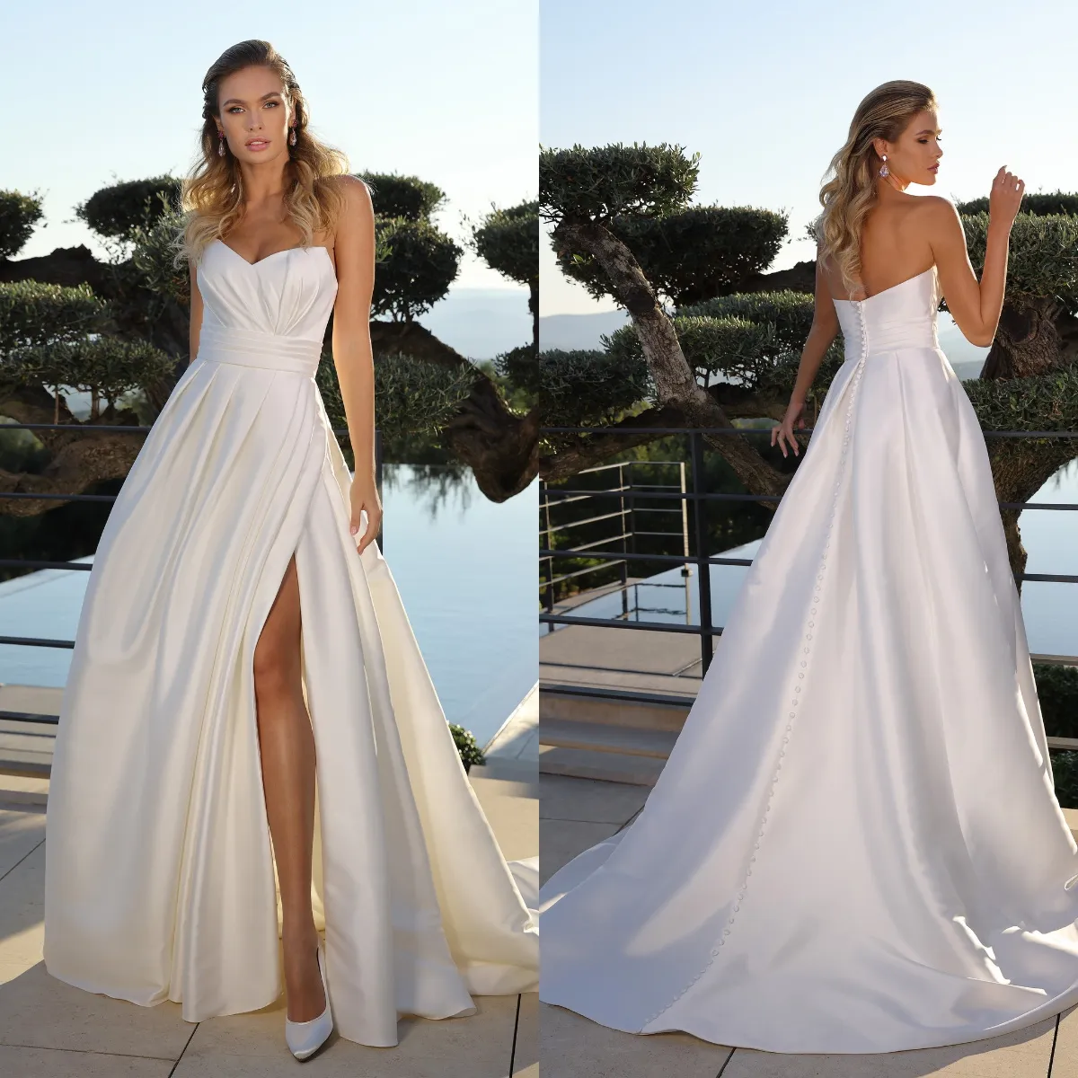 Robes de mariée sexy en satin fendu sur le côté froncé chérie robes de mariée balayage train une ligne plage boho bouton dos robe de mariée robes de noiva