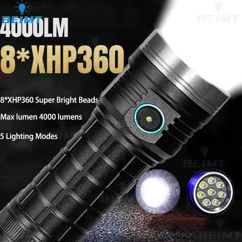 Zaklampen 4000LM Super Bright 8 * XHP360 LED-zaklamp Outdoor noodzaklamp 5 modi Oplaadbaar Wandelen Kamperen Tactische zaklamp 240122