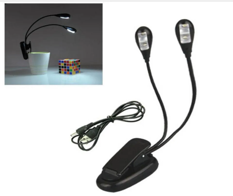 Mini draagbare USB-lamp Flexibele LED-boekleeslamp voor laptop PC Notebookstandaard Muziekverlichting Wit 2 armen 4led 3xAAA Baterry5249338