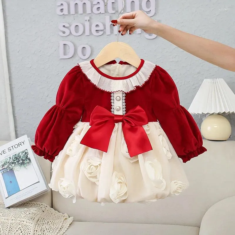 Sukienki dla dziewczynek sukienka księżniczka łuk czerwony aksamitny zima dzieci niemowlęta dzieci zagęszczone rok Bożego Narodzenia