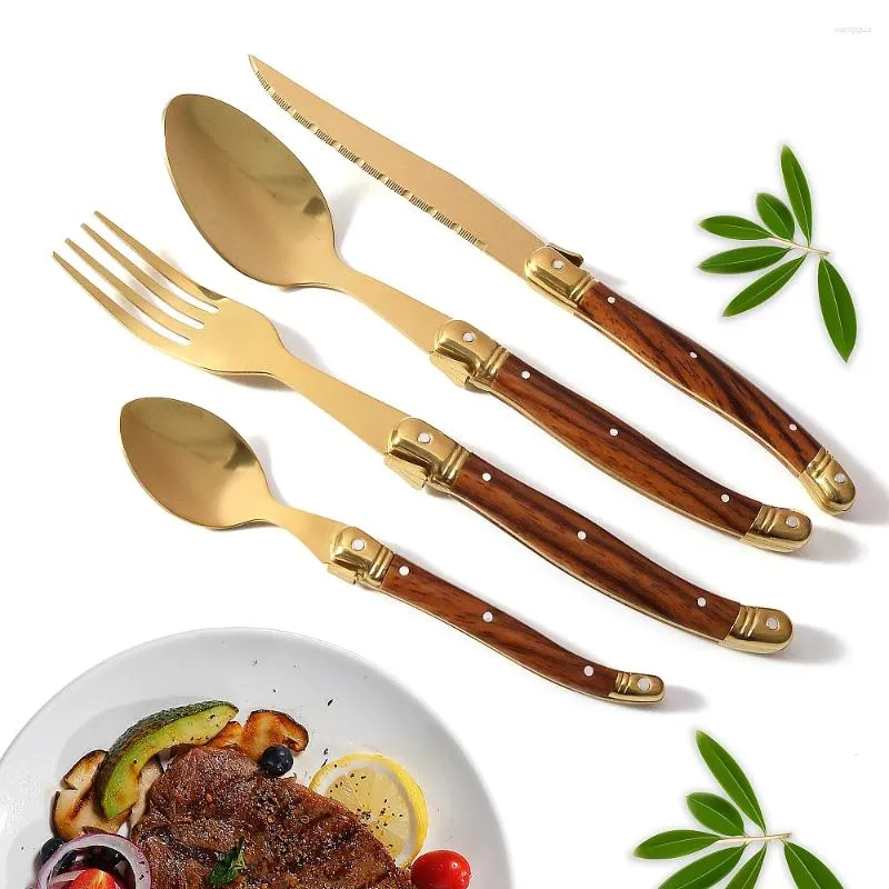 Servis set Western Gold Set Laguiole biff knivar middag gaffel sked rostfritt stål titan pläteringsbord för bröllop