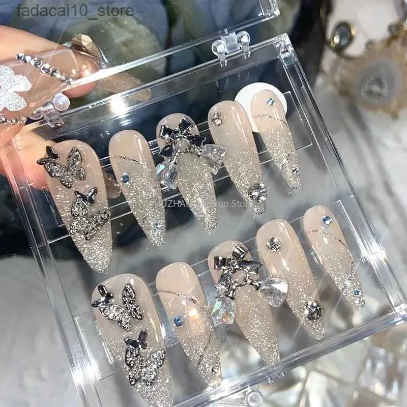 Unghie finte Farfalla Stampa sulle unghie Y2K Glitter Strass Unghie finte con colla Personalizzata fatta a mano Lunga bara Stiletto Punte per unghie finte Q240122