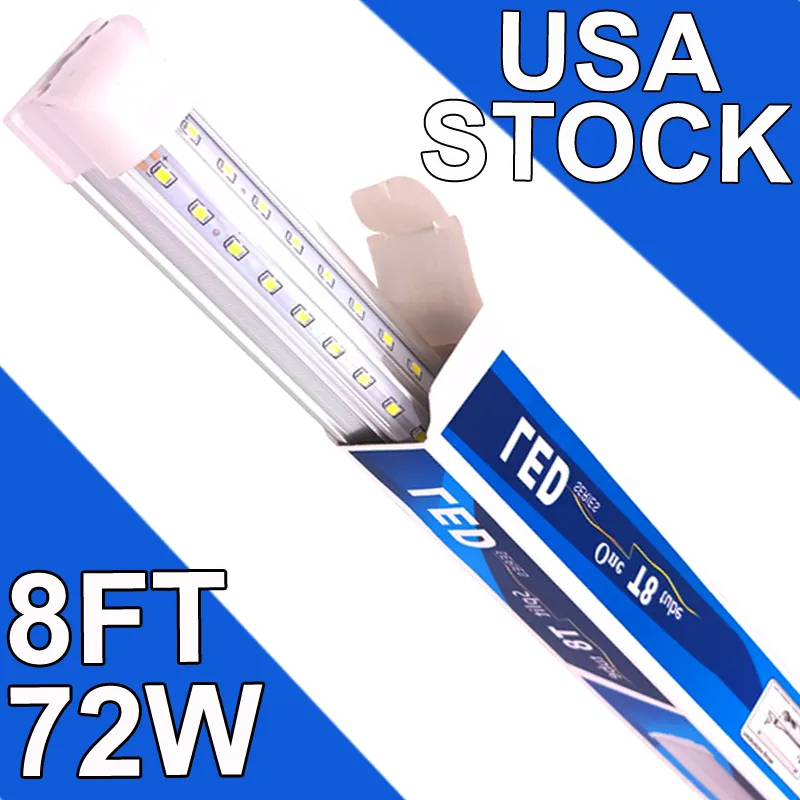 8ft LED -butik Ljus fixtur - 72W T8 Integrerad LED -rörljus - 6500K 7200lm V -form Länkbar - Hög utgång - Clear Cover - Plug and Play - 270 grader Garage, butiker usastock