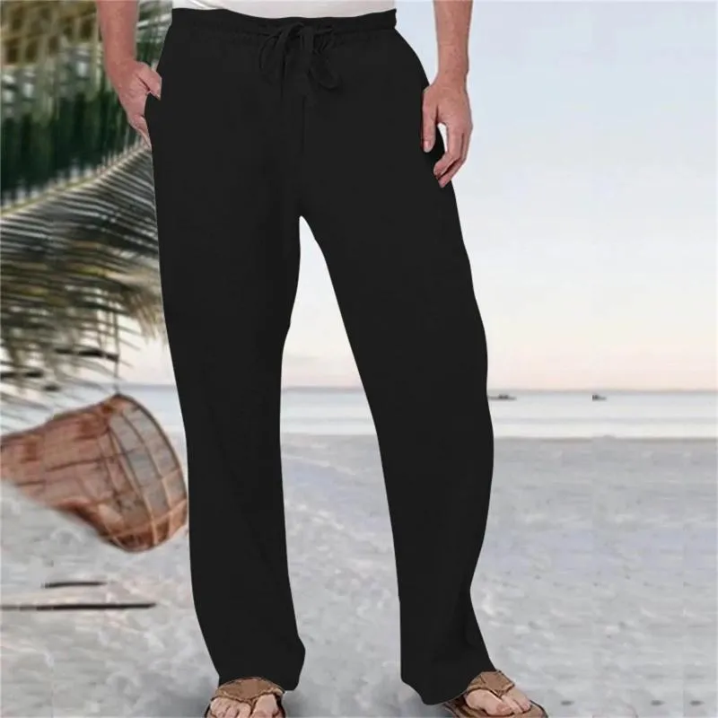 Pantalons pour hommes Hommes Casual Couleur Solid Essayez respirant coton lin poche taille élastique grande taille pantalon coréen mode vêtements pour hommes