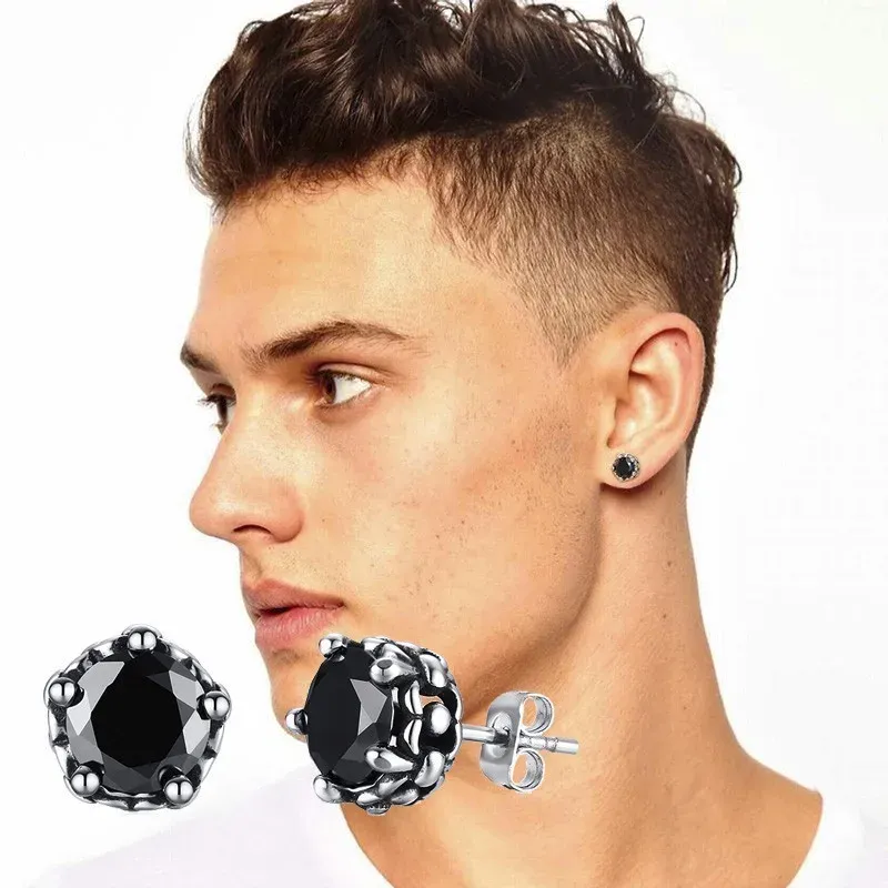 Boucles d'oreilles à tige pour hommes, or blanc 14 carats, 9mm, rondes noires, CZ, bijoux pour hommes en noir et blanc