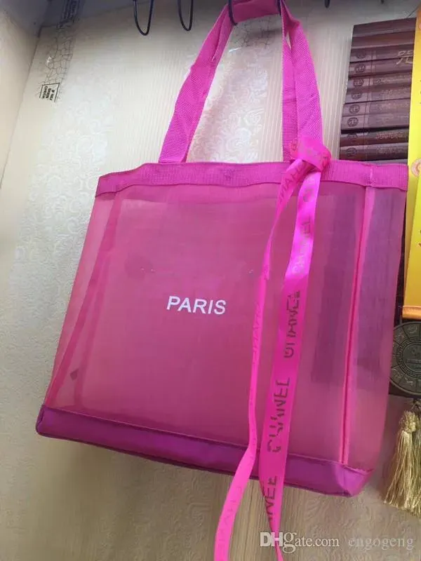 NEUKlassische rosa Einkaufstasche aus Netzstoff mit Band, modischer Stil, Reisetasche, Strand, Damen-Waschtasche, Kosmetik- und Make-up-Aufbewahrungstasche