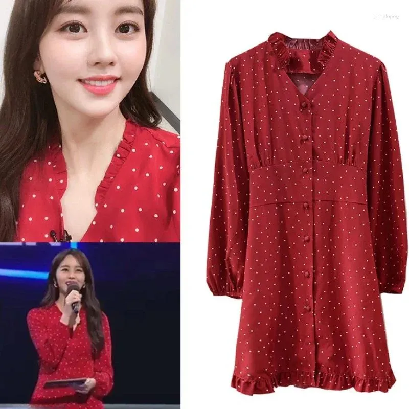 Casual Dresses Kpop Korean Singers French Style Street Red Polka Dot Long-Sleeved Women Party Temperament Single-breasted Loose Dress