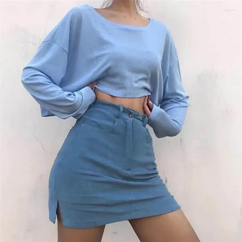 Women's T Shirts 2024 Woman Retro O-neck Cotton Green Black White Blue Thin Hedging Round Neck Loose Long-sleeved T-shirt Crop Top Women