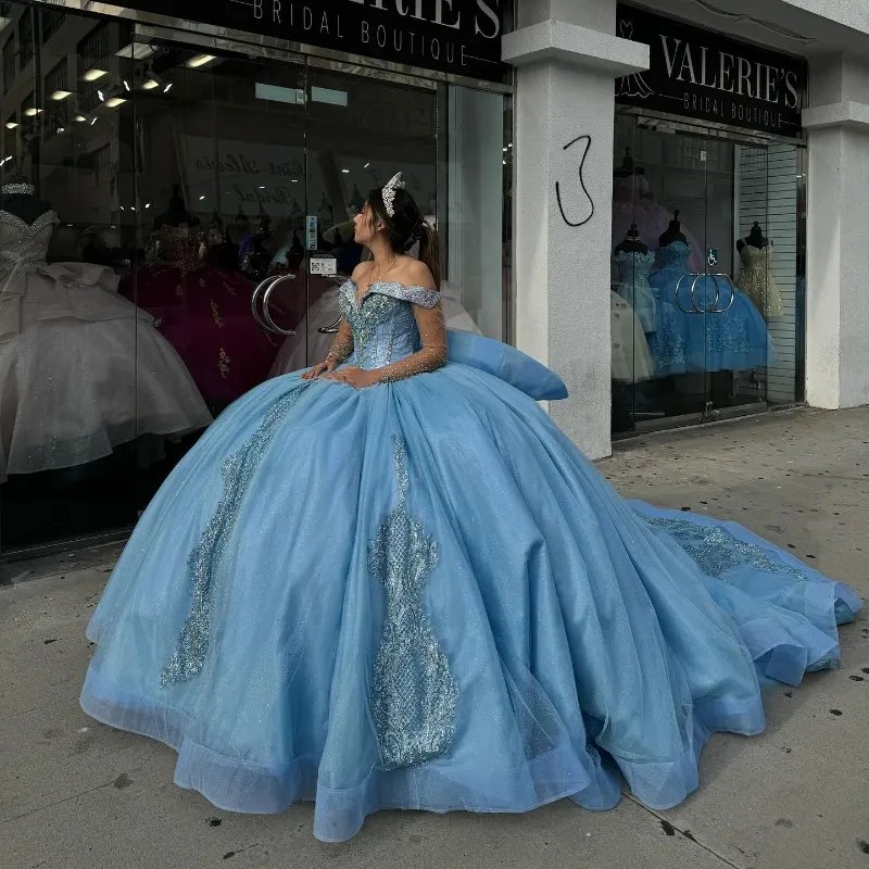 Sky Blu Princess Quinceanera Dresses Apprique Lace Beads Floral Sparkly Corset Prom verdidos de 15 anos Quinceaneras 0417