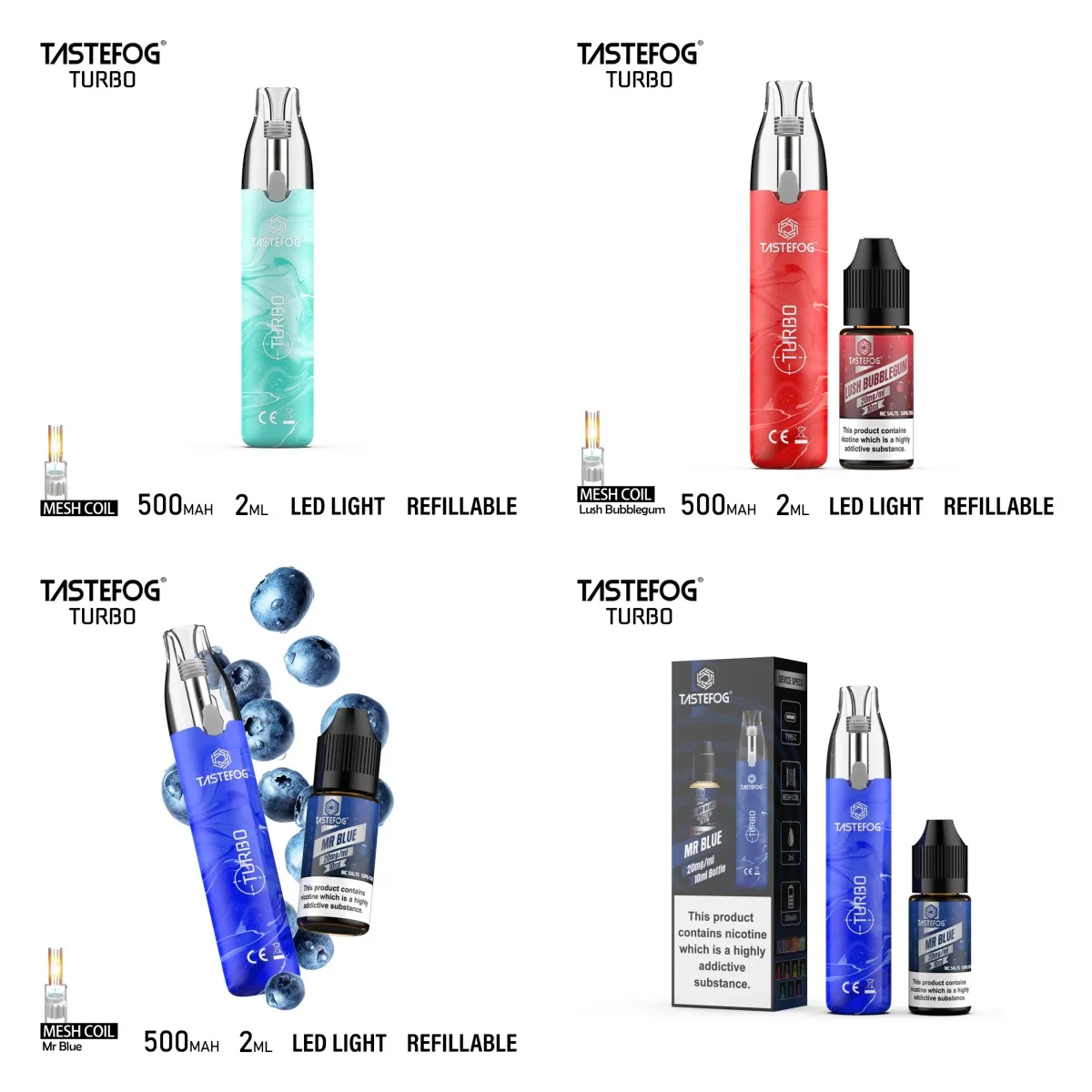 Original Tastefog TURBO Refillable Disposable Vape Pen 2ml 800 Puff