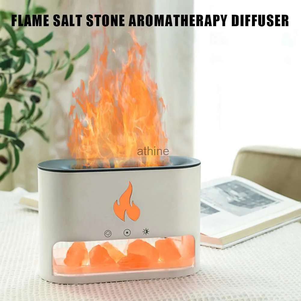 Humidifiers Flame Air Humidifier Colorful LED Light Essential Oil Diffusers with Salt Stone Box Aromatherapy Machine Timing for Home Bedroom YQ240122