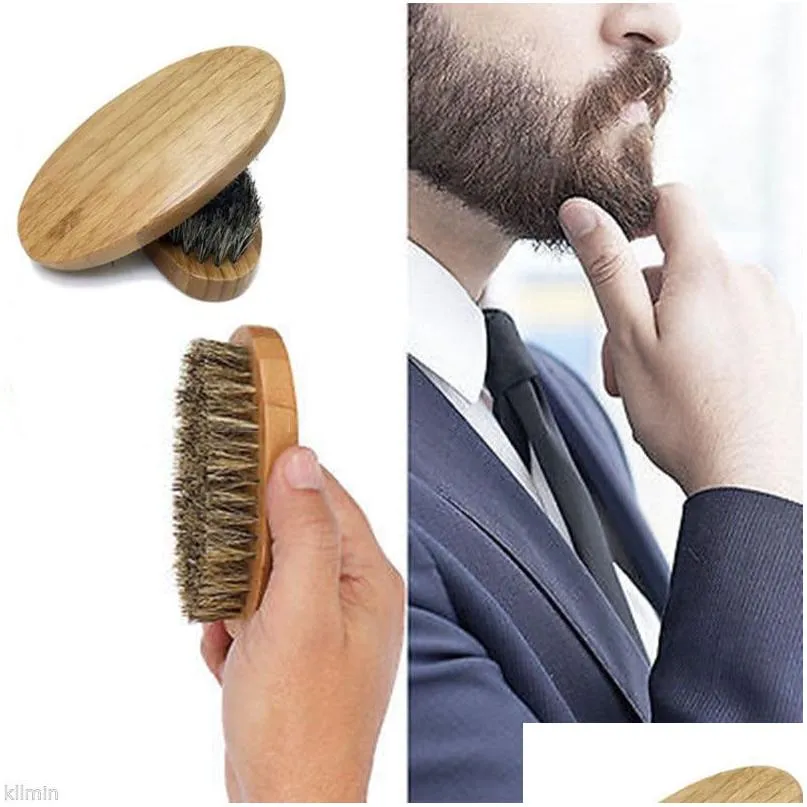 Bath Tools Accessories Beard Brush For Men Professional Soft Boar Bristle Mustache Military Hard Round Wood Handle Anti-Static Peach C Dhln1