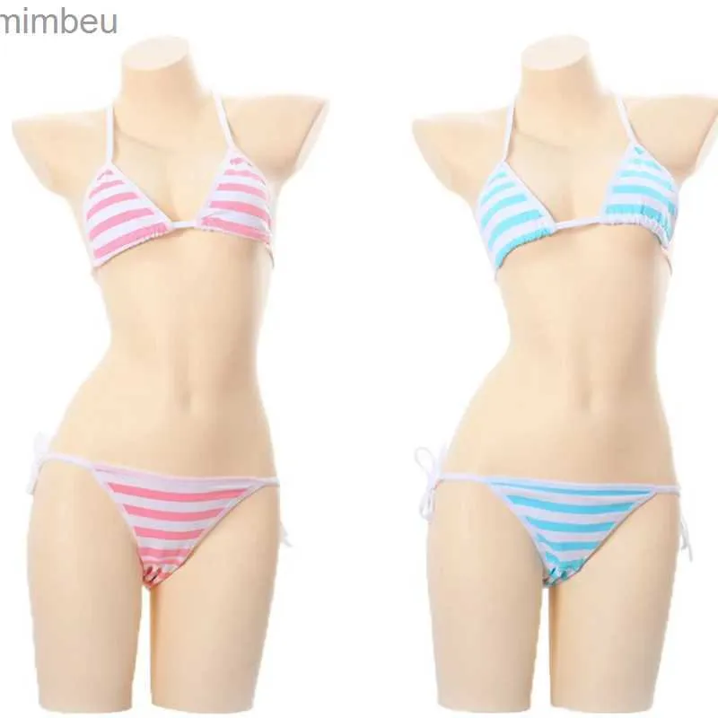 Sexy conjunto lingerie sexy lolita kaii azul rosa branco listrado biquíni adulto cosplay erótico vem sutiã feminino roupa interior setl240122