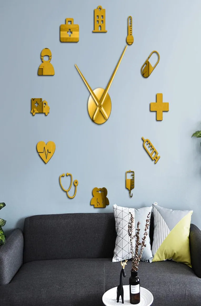 Médecine soins de santé ambulance outils médicaux grande horloge murale bricolage acrylique effet miroir autocollants muraux hôpital clinique décor montre 22827080