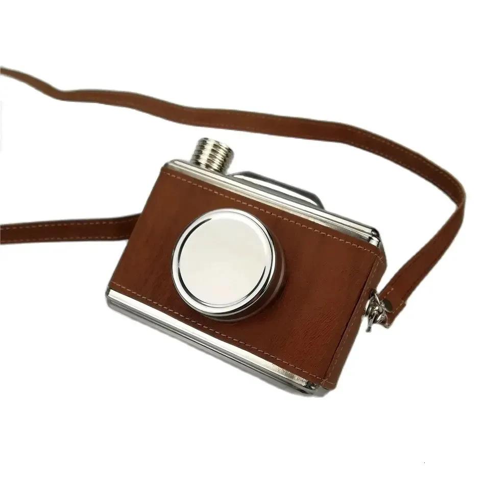 camera shape 11 oz Food safe Stainless Steel Hip Flask with wooden leather wrapped Alcohol Liquor Whiskey 240122