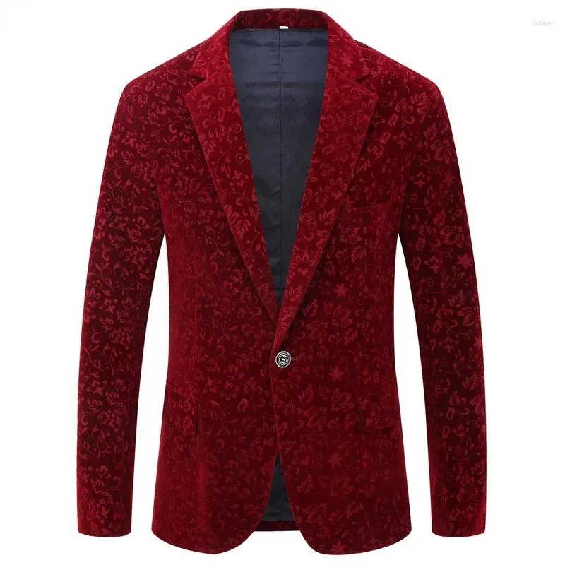 Ternos masculinos elegantes floral veludo smoking terno jaqueta entalhada lapela um botão vermelho blazers masculino festa de casamento jantar traje homme