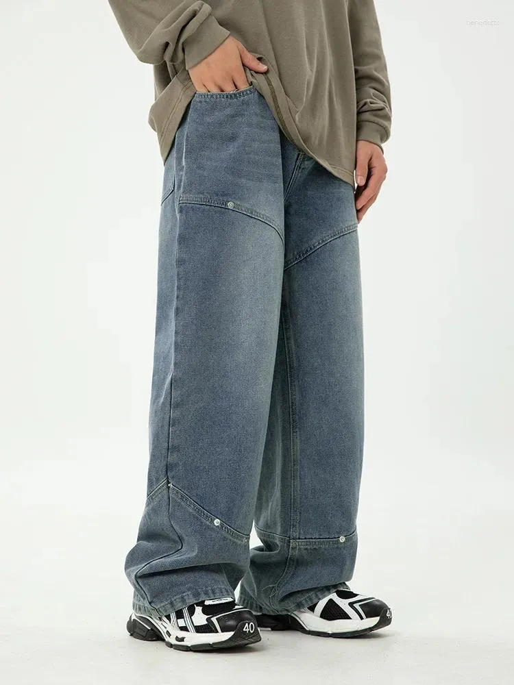 Calças masculinas Split Splicing Desconstruído Design Jeans para 2024 Primavera / Verão Micro Largo Japonês Lavado Solto