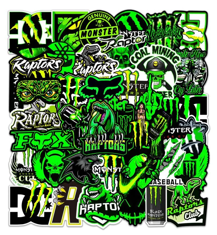 50sts grön fluorescerande bländande personlighetstrend klistermärke Monster Hunter Stickers Graffiti Kids Toy Skateboard Car Motorcykel Bicyc9122295