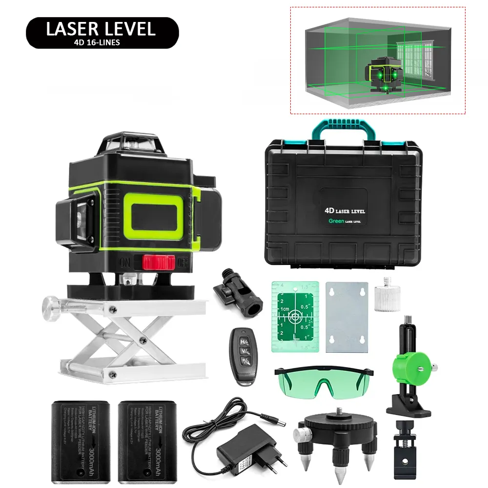 Mini 16 lignes 4D 360 niveau laser horizontal et vertical ligne verte niveau laser super puissant à nivellement automatique niveau laser à faisceau vert