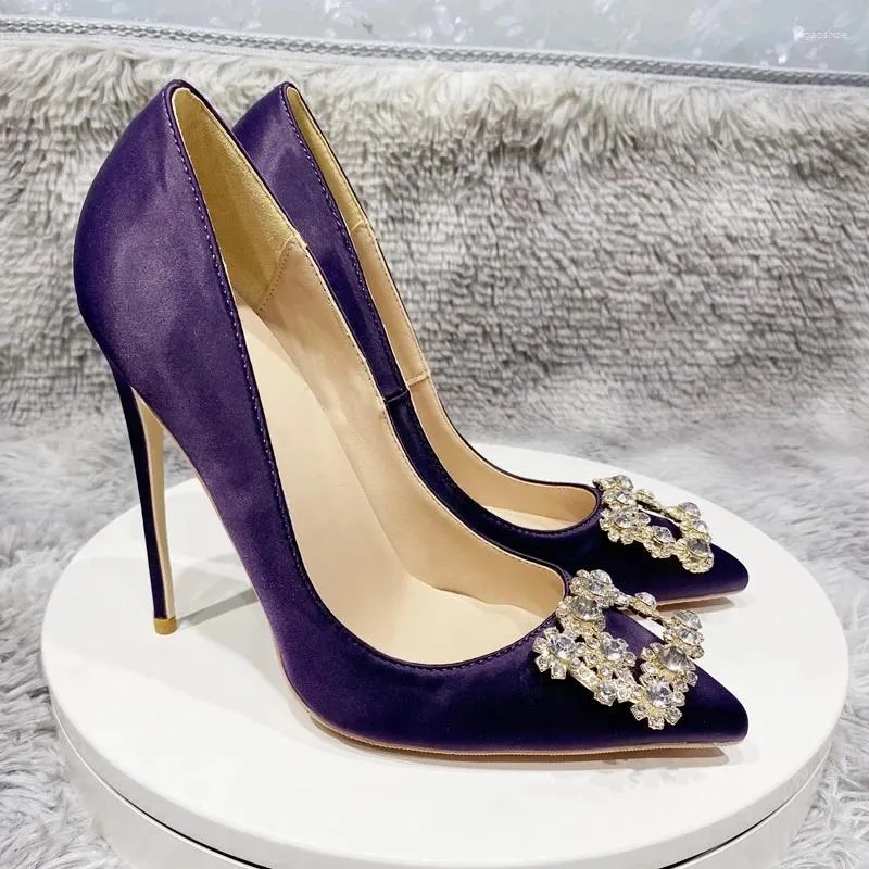 Robe chaussures paillettes carré décor femmes violet satin pointu bout pointu 80-120mm haut talon fête de mariage élégant dames stiletto pompes