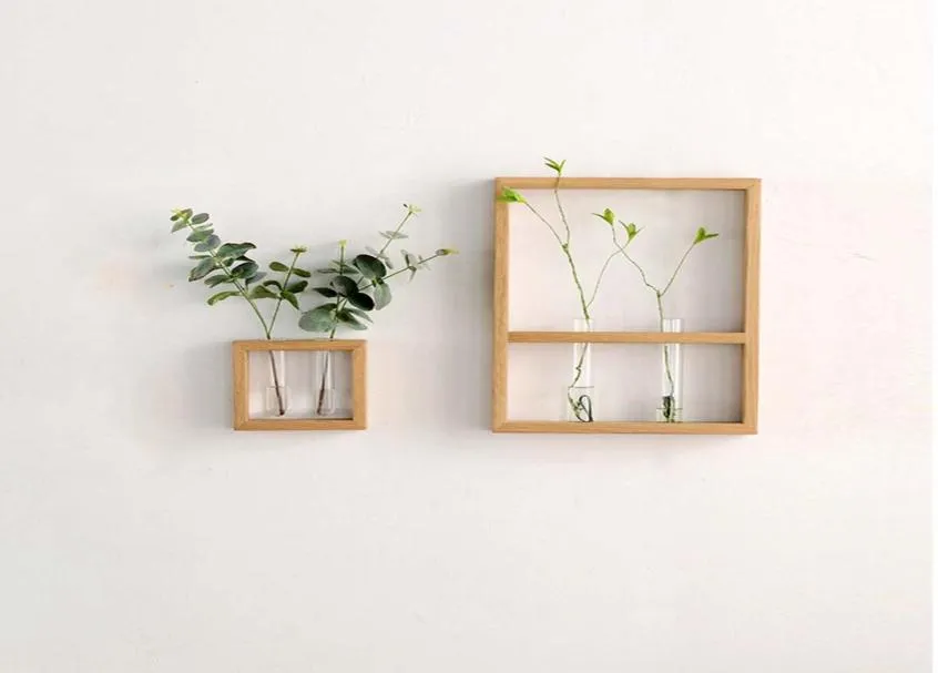 Nordic Style Crafts Solid Wall Hanging Clear Glass Tube Rack Wooden Flower Vase Hydroponic Plant Pot for Home Decoration8959526