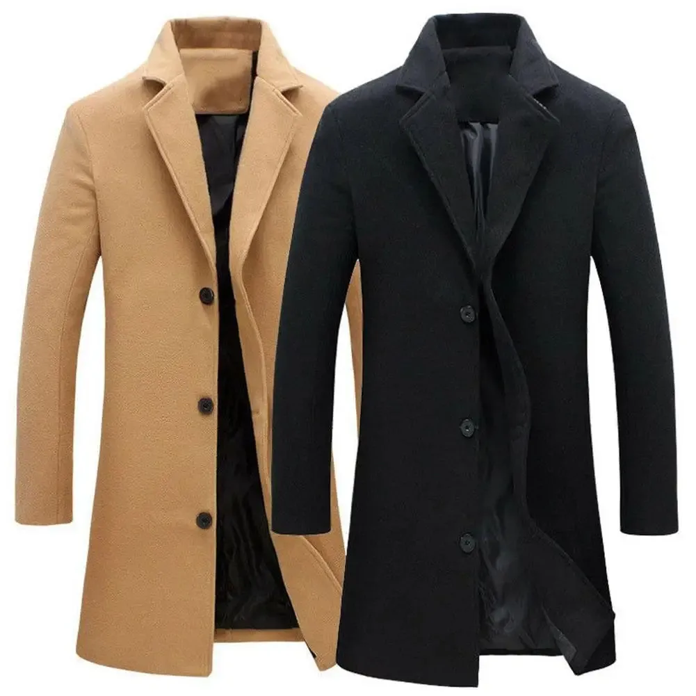 Осень-зима модные мужские шерстяные пальто сплошной цвет однобортный лацкан длинное пальто куртка повседневное пальто плюс размер 5 цветов 240118