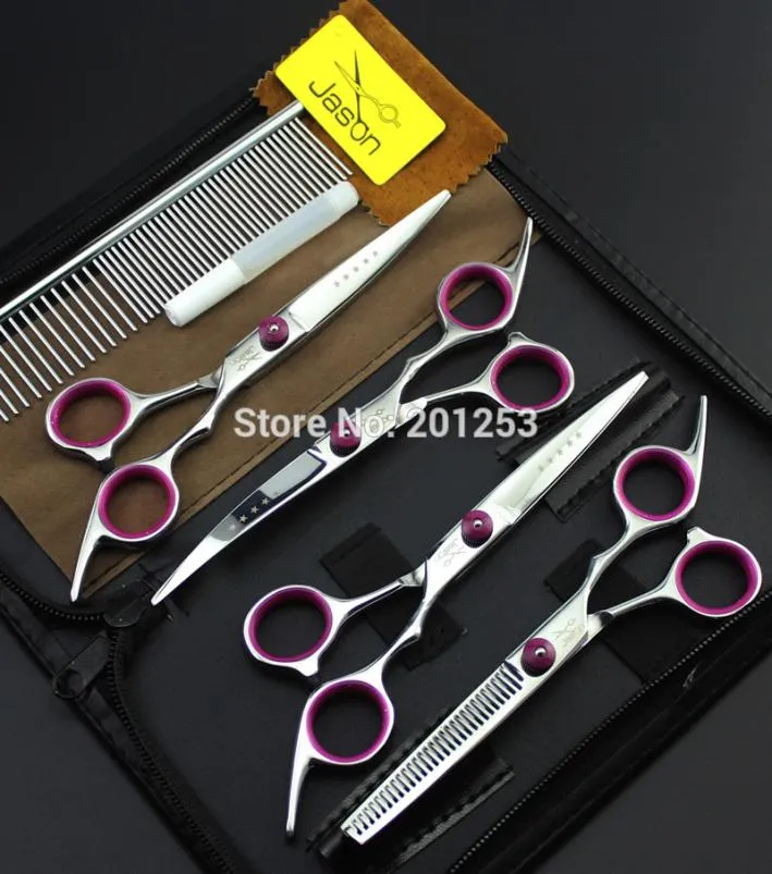 전체 스테인레스 스틸 60 인치 4pcsset Jason Pet Grooming Scissors Silver Dog Shears 똑바로 얇게 썬 가위 Scissorslzs0643663851