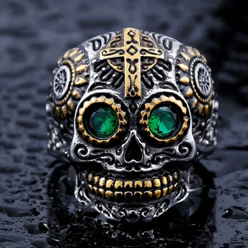 Gotisk gyllene snidning Kapala Skull Ring för män 14K Vitguldcyklistringar Punk Rock Hip Hop Fahsion smycken