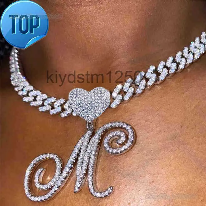 HBP Ny A-Z Cursive Letter Heart Pendant Iced Out Cuban Necklace For Women Initial Zircon Link Chain Choker Hip Hop Jewelry VK7V
