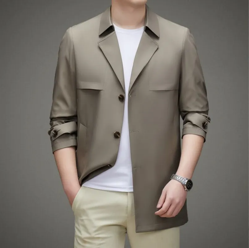 Printemps Automne Vêtements Pour Hommes Trench-Coat Revers Simple Boutonnage Droit Affaires Décontracté Jeunes Jeunes Style Populaire Veste Hommes