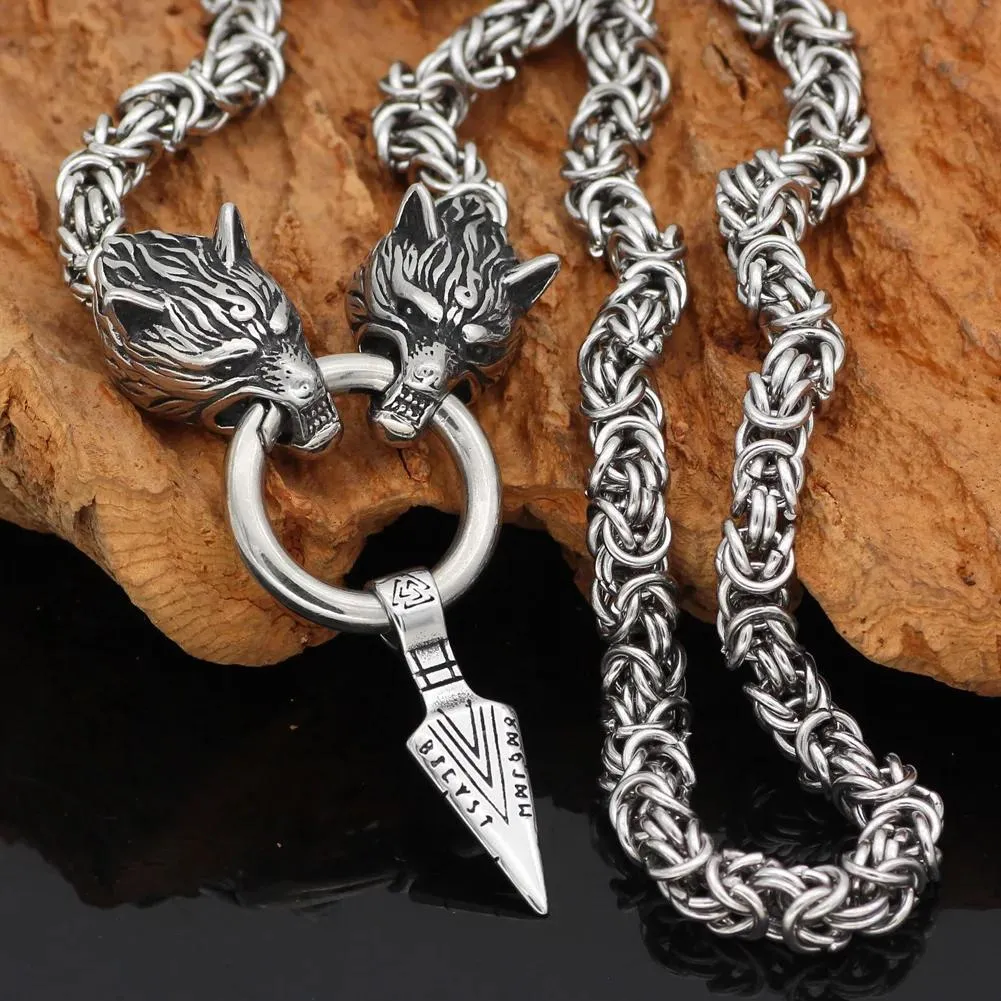 Necklaces Nordic Viking Wolf with Odin Sword Gungnir Necklace Stainless Steel for Men king Chain with Valknut Gift Bag