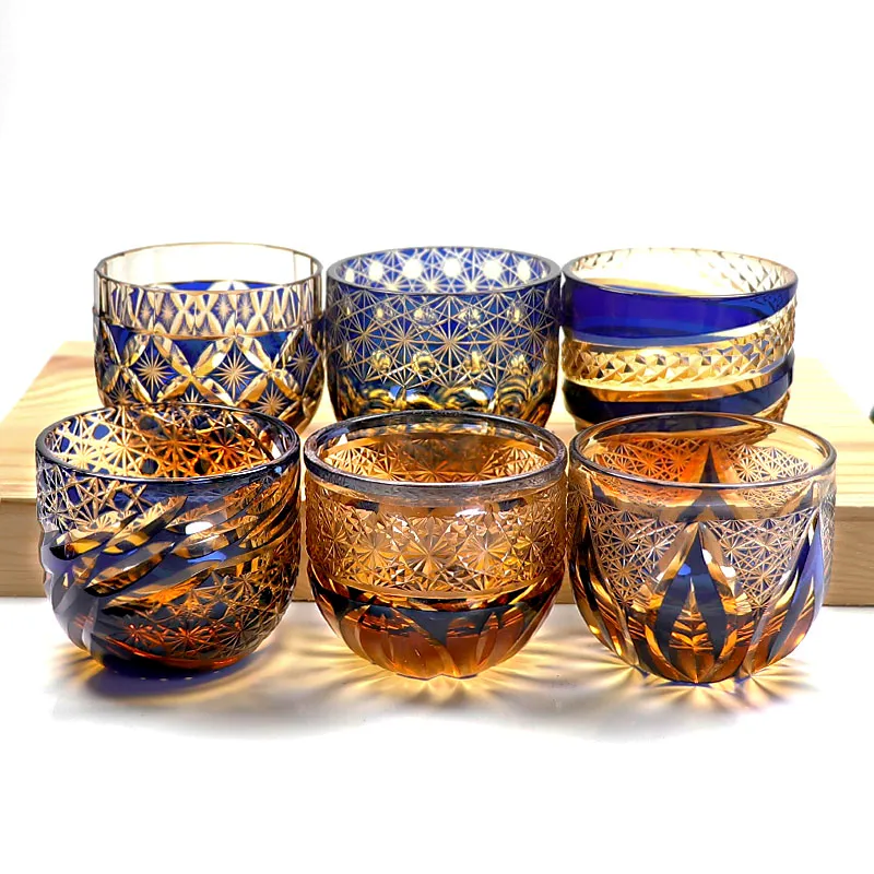 2024 Edo Kiriko Amber Crystal Shot Glasses Drinkware Glass For Sake Baijiu Tequila Bar Cocktail Bullet Cup Hand Engraved 2oz