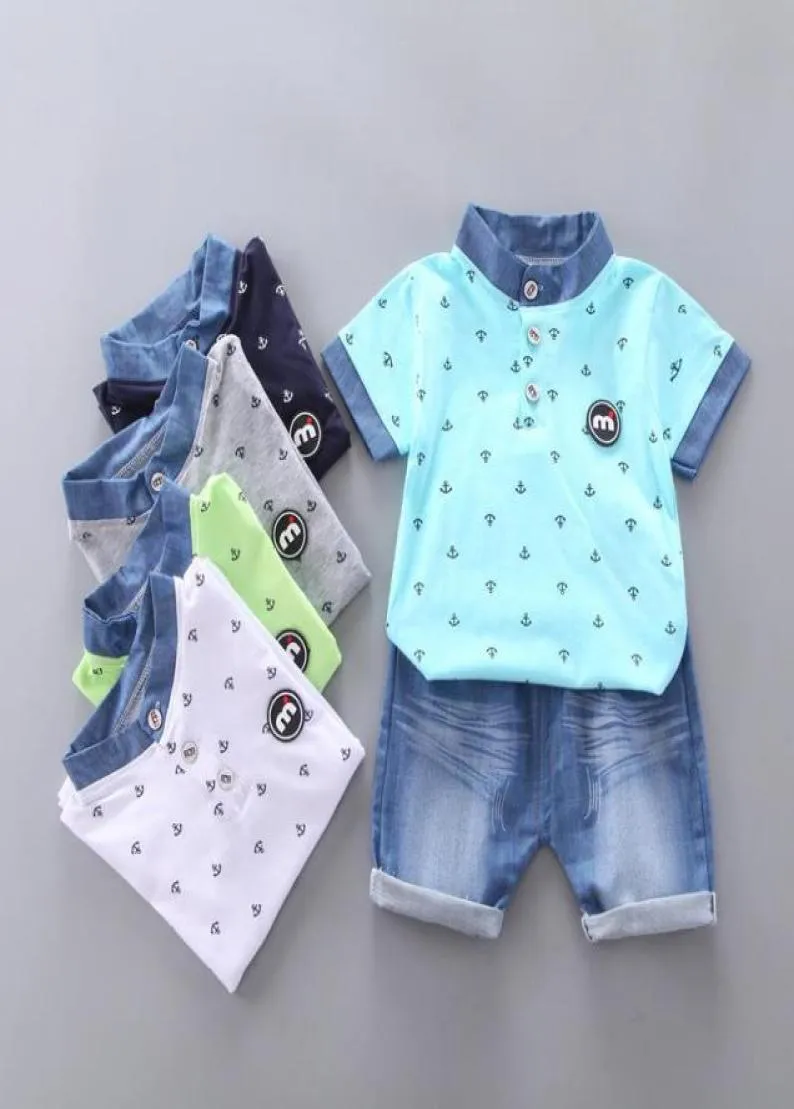 Kläder sätter sommar 04 år spädbarn baby pojkar flickor kläd krona mönster tryck tshirt denim shorts barn casual outfits7278539