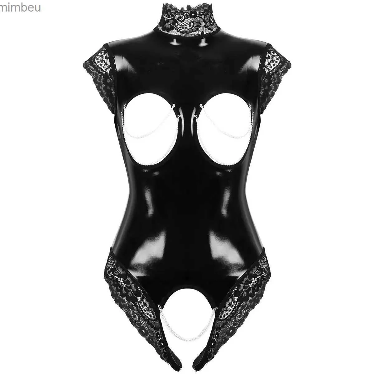 Sexy Set Sexy Set Erotic Open Cup Bodysuit Cupless Crotchless Teddy Femme Black Wetlook Pvc Latex Catsuit Gothic Women Porno Come Sexy Lingerie C240410