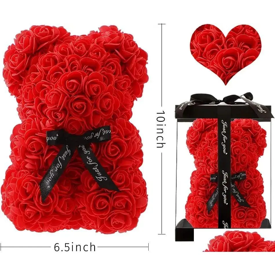 Decorative Flowers Wreaths Rose Bears Valentines Day Decor Gifts Flower Bear Teddy With Box For Girlfriend Anniversary Birthday Gi Dhqg6