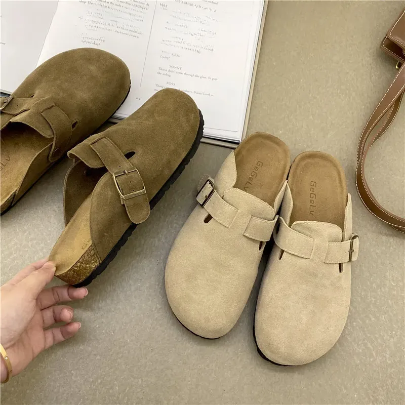 Simple Women's Closed Toe Slippers Cow Suede Leather Clogs Sandals For Women Retro Fashion Garden Mule Clog Slides