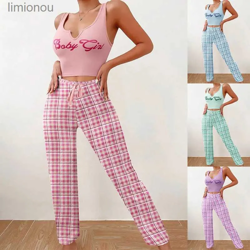 Women's Sleep Lounge Women Two-piece Pajamas Set Girls Grid Sleepwear Lady Round Neck Sleeveless Top+Pants Homewear 2024 Summer PijamaL240122